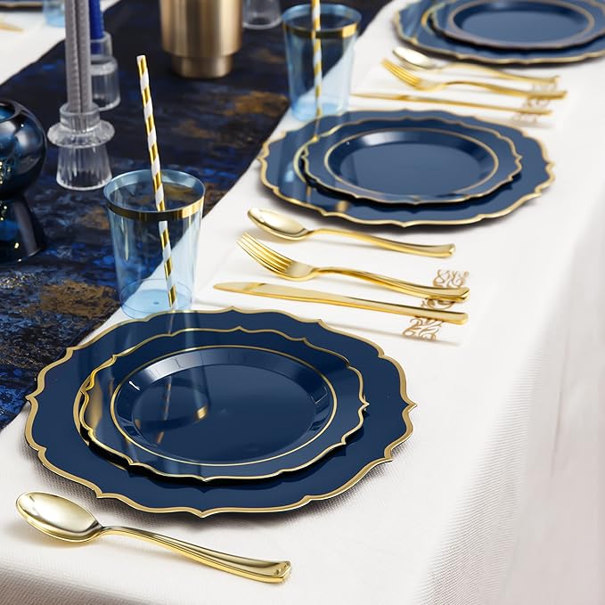 200 PCS Premium Blue Plastic Plates for 25 Guests, Heavy Duty Blue and Gold Disposable Plate, include 25 Plastic Dinner/Dessert Plates, 75 Silverware Set, 25 Cups, Straws for Party Christmas