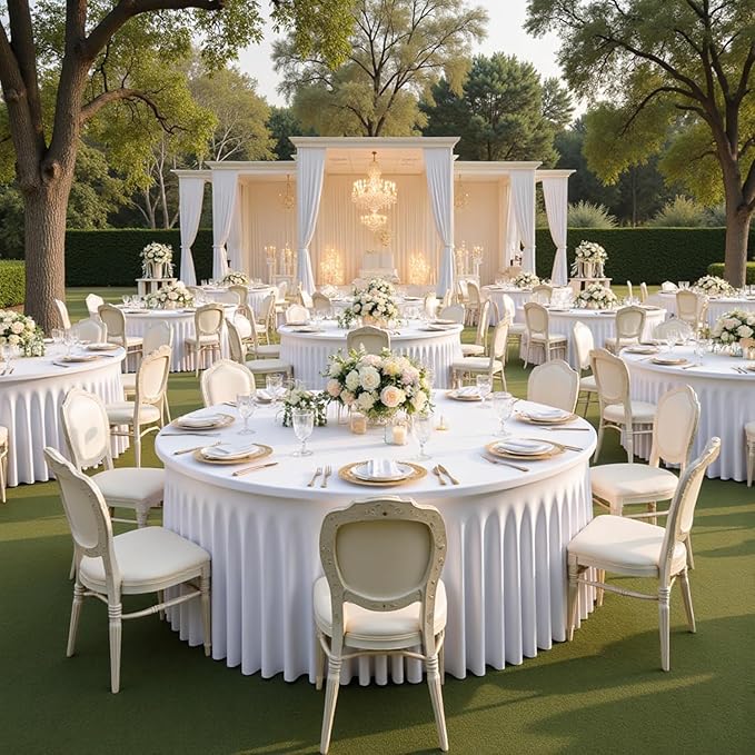 8 pk White Round Spandex Tablecloth for 60in Tables, Wrinkle Free Stretchy 120inch Fitted 5FT Table Cloths Round Table Covers with Skirt for Wedding Party Dining Banquet Events