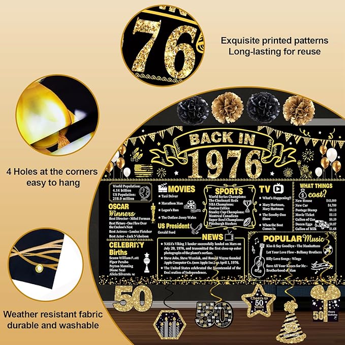 50th Birthday Decorations for Men Women, 103 PCS Back in 1976 Decorations, Vintage 50th Birthday Party Tableware Set for men,Backdrops,Card, banner, paper Poms,Hanging Swirl, Tableware for 24 Guests