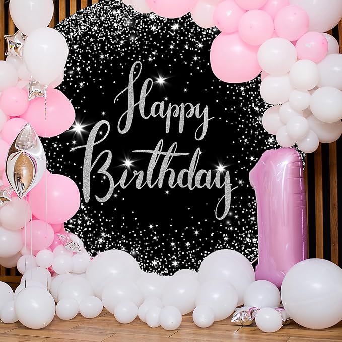 7.2ft Happy Birthday Round Backdrop Cover Black and Silver Birthday Circle Photography Background Glittering Stars Diamonds for Women Man Boys Girls Baby Birthday Party Decoration Photo Props