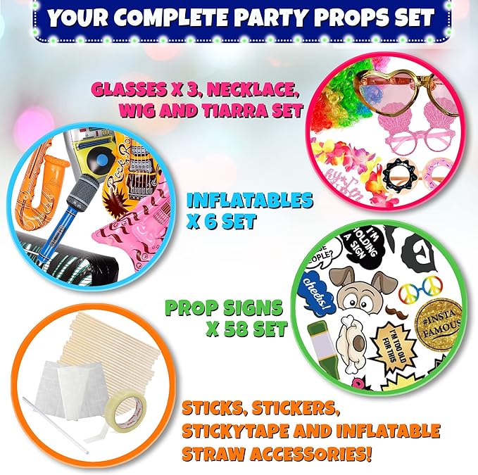 SOUL SHIFT 70 Pc Large Premium Photo Booth Props Set for All Occasions - Wedding Props, Birthday Props, Graduation Prop, Inflatables, Large Glasses, Multi-Colored Wig, Hawaiian Lei, Hand Pump