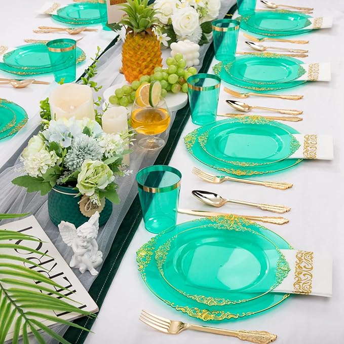 Hioasis 175pcs Clear Green Plastic Plates - Elegant Disposable Dinnerware Set Suitable for 25 Guests Include 10.25" Dinner & 7.5" Dessert Plates, Cutlery, Napkins, Cups for Party & Wedding