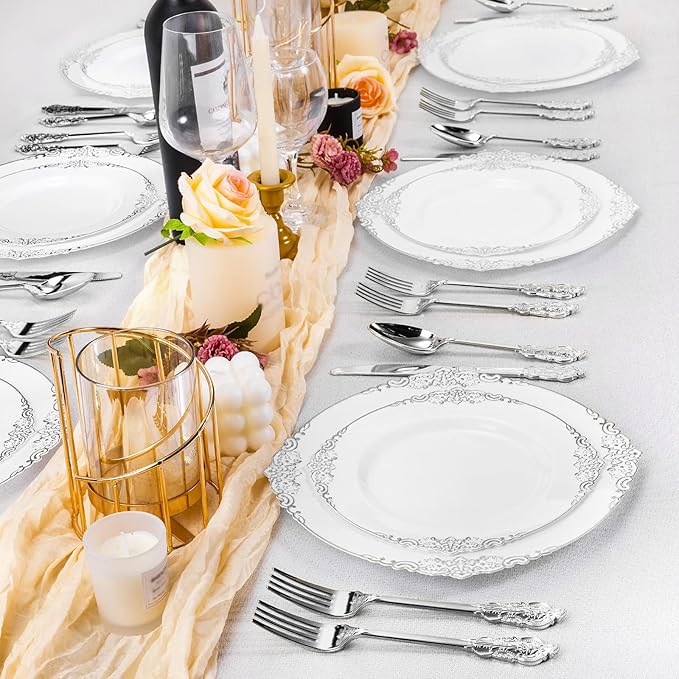 100 PCS White and Silver Plastic Plates for 50 Guests, Rose Gold Disposable Plates Include 50 PCS Dinner Plates, 50 PCS Dessert Plates for Party, Wedding and Baby Shower