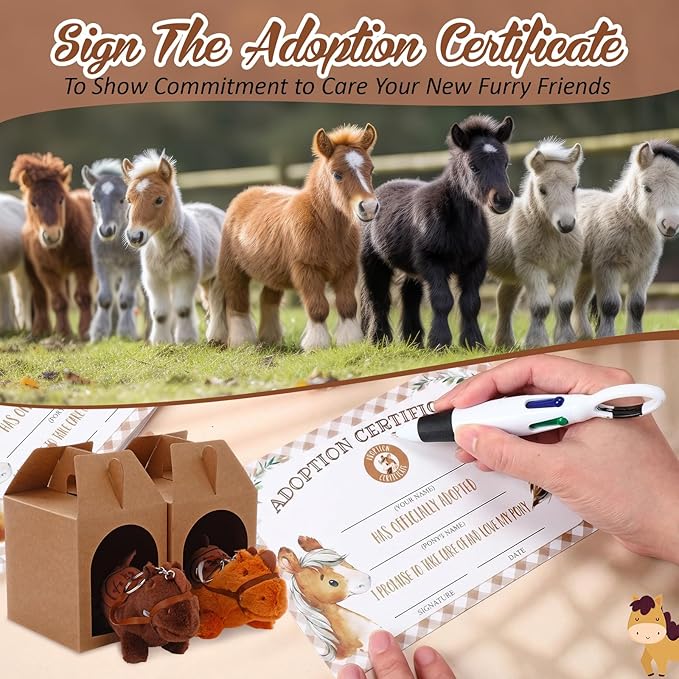 84 Pcs Adopt a Pet Party Favors 24 Mini Stuffed Animals 10 White Plastic Fence 24 Paper Gift Boxes 24 Adoption Cards with Mini Chalkboard and Artificial Lawn(Brown Pony)