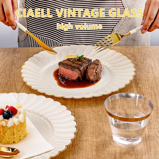 Ciaell 175 PCS Ivory Scalloped Plastic Plates - Gold Disposable Plates Fancy High-end Dinnerware Sets for Wedding & Party (25 Guests)