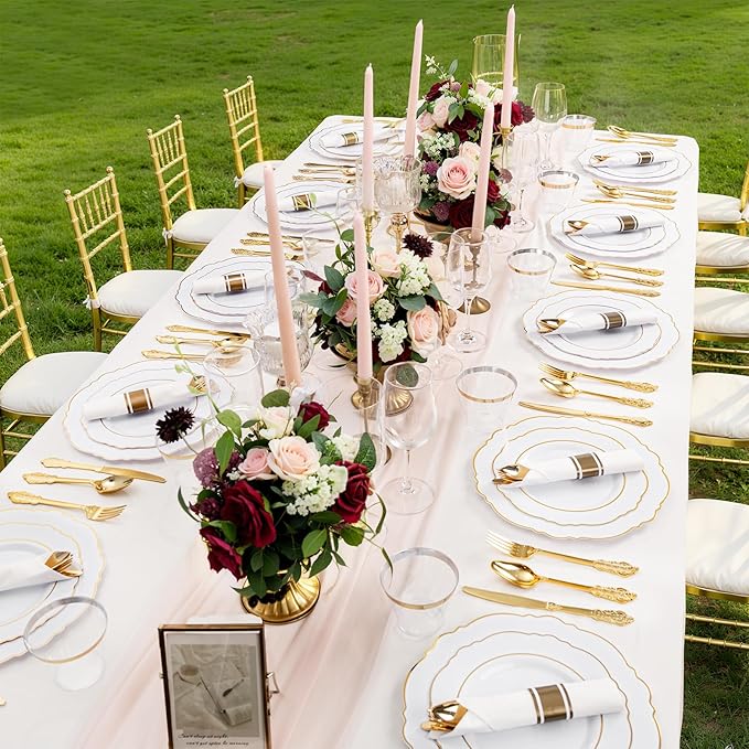 Liacere 700PCS Gold Plastic Plates - Baroque Dinnerware Sets for 100 Guests - 200 Disposable Plates(10inch,7inch), 300 Gold Plastic Silverware, 100 Cups, 100 Napkins for Wedding & New Year