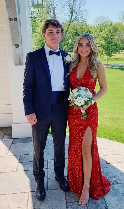 Halter Sequin Prom Dress for Women 2026 Pleats Formal Evening Dress with Slit L01032
