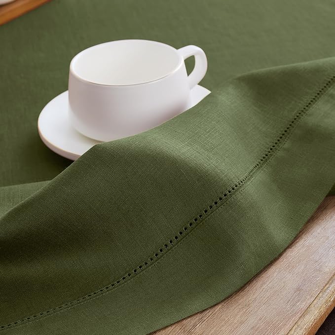 Solino Home Linen Cloth Placemats Set of 4-100% Pure Linen Hemstitch Olive Placemats 14 x 19 Inch - Classic Hemstitch Table Place Mats
