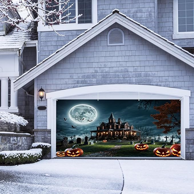 Horror Halloween Garage Door Decorations Backdrop Haunted House Moonlight Bat Terror Tomb Courtyard Wall Background Magical Night Pumpkin Trick or Treat Banner Studio Props 13x6ft