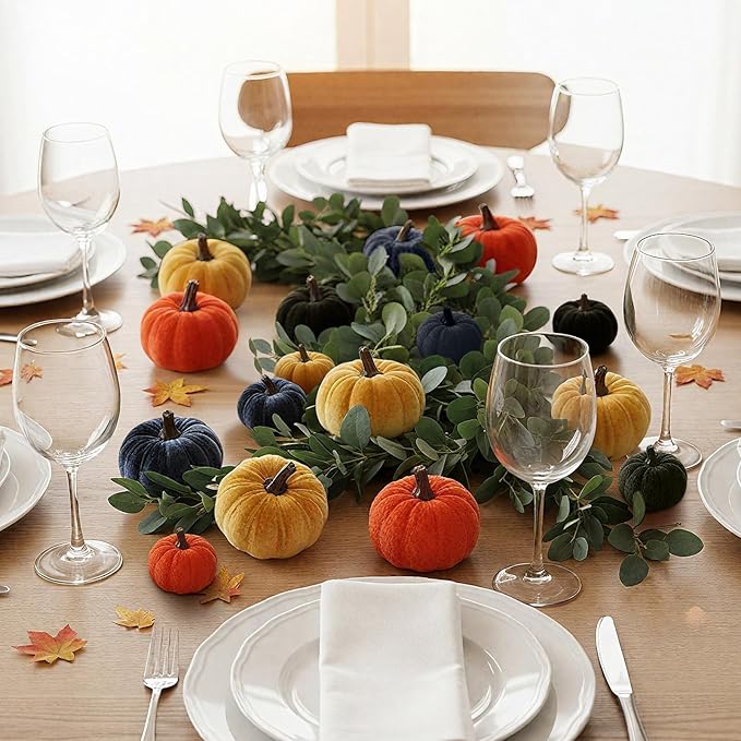 2 Pcs Artificial Maple Leaf Rattan Garland 24 Harvest Velvet Foam Fabric Pumpkins Decorative for Home Farmhouse Fireplace(Colorful)