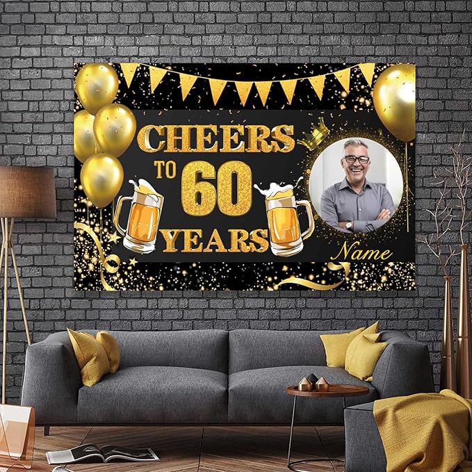 Custom 30/35/40/45/50/55/60/65/70/75/80/85/90/95/100th Black and Gold Happy Birthday Party Decorations Supplies Personalized Black and Gold Birthday Backdrop Banner(6x9ft)