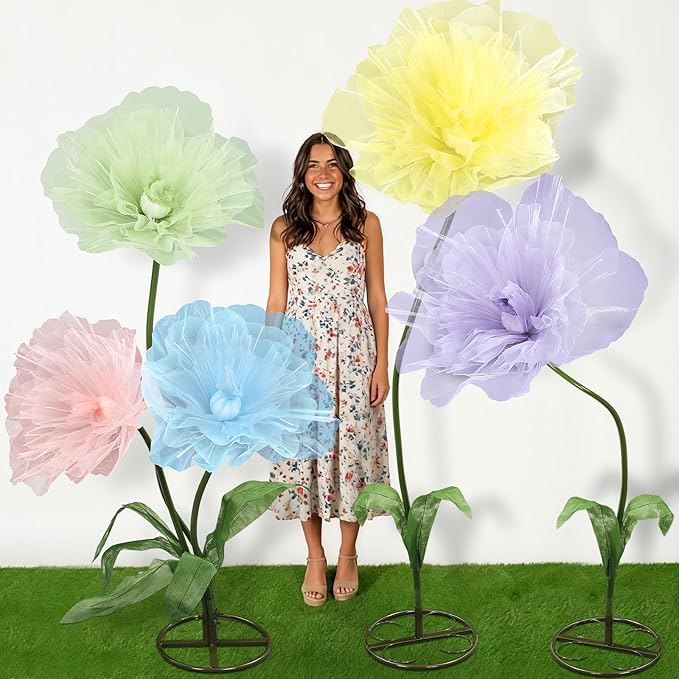 Leinuosen 5 Pcs Giant Flowers Decoration Large Organza Flowers with Stand Huge Poppy for Spring Tea Bridal Shower Wedding Birthday Party Entrance Decor Corporate Event Photography Booth Indoor Outdoor