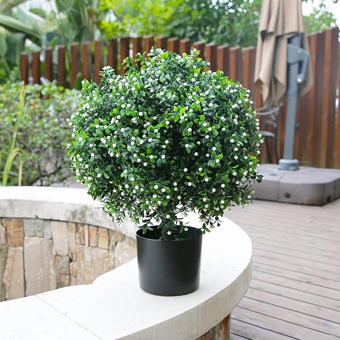 Sunnyglade 21.6” Tall Artificial Jasmine Topiary Ball Tree Set of 2 Pack Potted Bushes UV Resistant Potted Plants for Indoor Outdoor Home Garden (White)