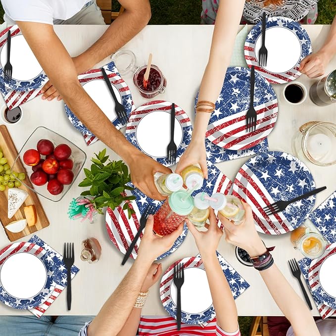 50 Guests Patriotic Party Plates and Napkins Tableware Set 4th of July American Flag Birthday Party Supplies Independence Day Dinnerware Favors Veterans Day Memorial Day Decorations for Kid Boys Girls