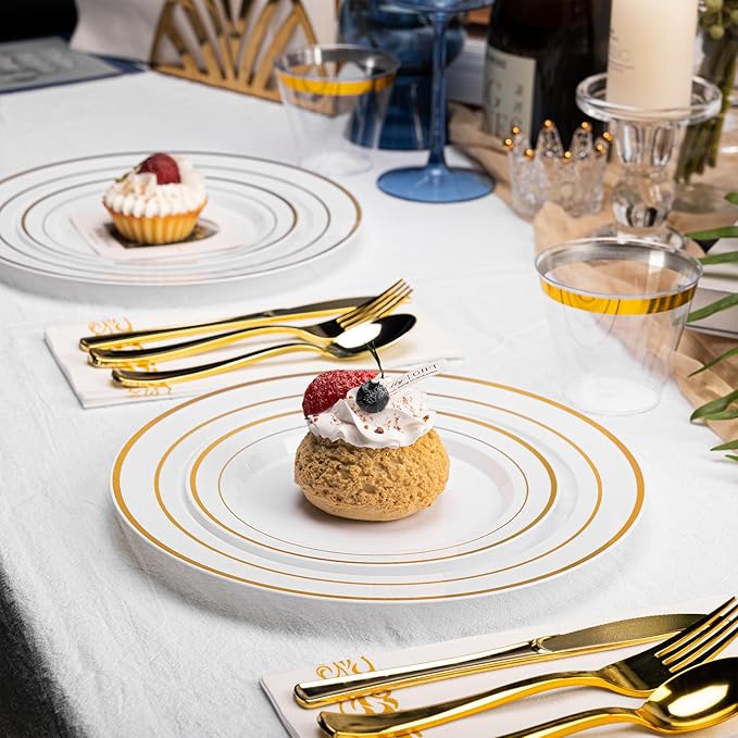 N9R 700PCS Gold Disposable Dinnerware Set for 100 Guests, White Plastic Plates with Gold Rim, Include 100 Dinner & Dessert Plates, Plastic Silverware Set, Cups, Napkins for Party and Wedding