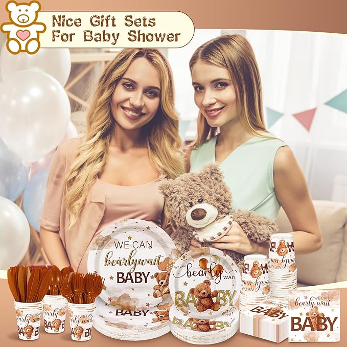 Dandat 350 Pcs Baby Shower Plates Set Baby Shower Party Supplies Serves 50 Tableware Sets Include Plates Napkin Cup Forks Knives Spoons Disposable Dinnerware(Bear,Brown)
