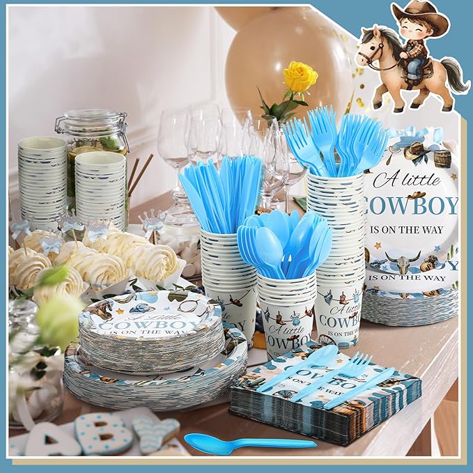 Dandat 350 Pcs Baby Shower Plates Set Baby Shower Party Supplies Serves 50 Tableware Sets Include Plates Napkin Cup Forks Knives Spoons Disposable Dinnerware(Cowboy,Blue)
