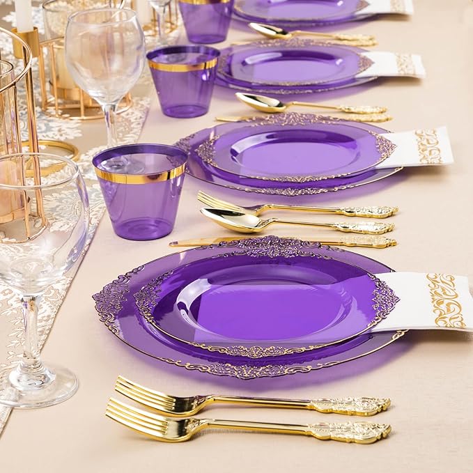 350PCS Clear Purple Plastic Plates for 50 Guests, Disposable Plates with Gold Trim include 50 Dinner Plates, 50 Dessert Plates, 150 Gold Silverware, 50 Cups, 50 Napkins for Party, Wedding