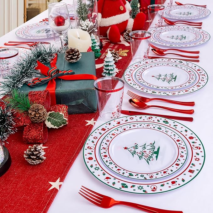 LIYH 150 Pcs Plastic Christmas Plates Disposable Christmas Dinnerware Set, Red Plastic Silverware,Cups Perfect 25 Guests