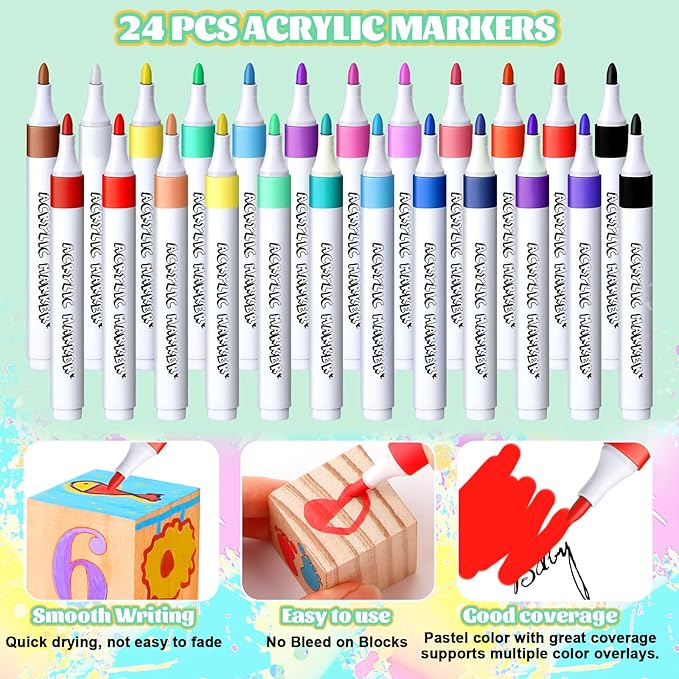 Baby Shower Blocks Game Set with Wooden Box, Acrylic Markers & Wooden Sign for Baby Shower Games, Gender Reveal & Decorations (GreenLeaves)