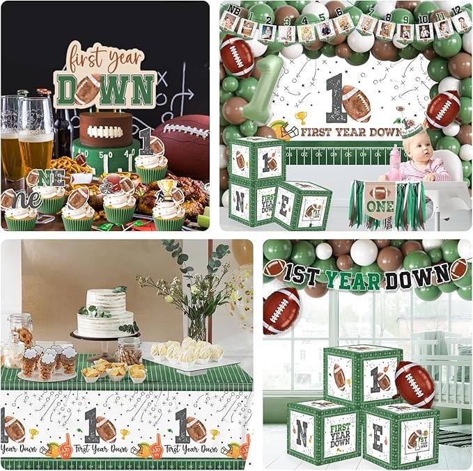 First Year Down Birthday Party Decorations, All-in-1 Football First Birthday Decorations with Balloon Arch Kit Photo Banner Highchair Banner One Boxes Plates Napkins Cake Toppers Tablecloths Backdrop
