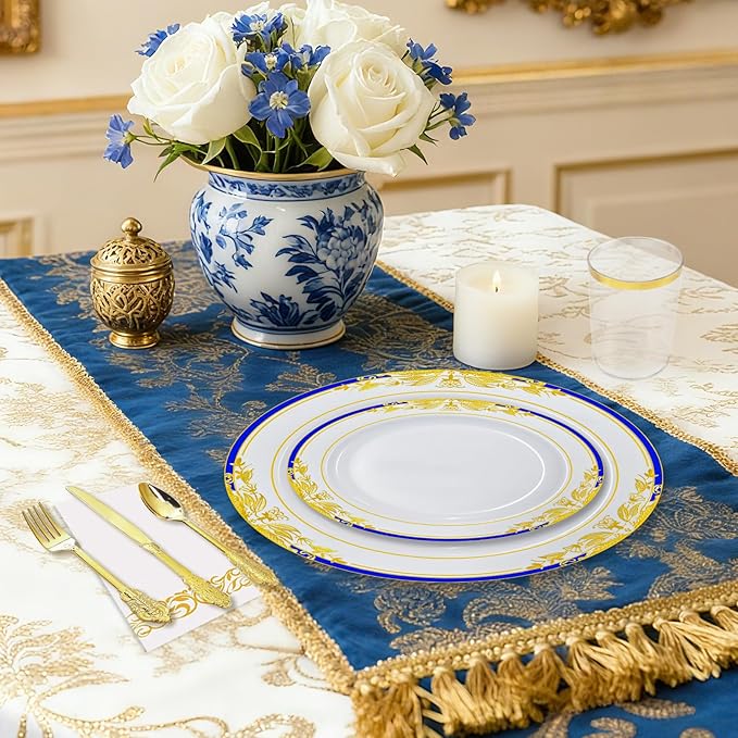 MENDENG 350pcs Plastic Plates for Party Plates Disposable Heavy Duty Platos Desechables Elegantes for Wedding Reception Thanksgiving Christmas Plates and Cups and Napkins and Gold Cutlery Sets