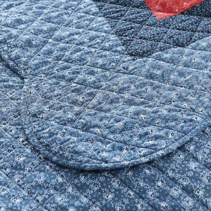 Cotton Bedspread Quilt Bedding Sets 3 Pieces Reversible Coverlets Real Patchwork Star Red Blue Bedspread, King Size