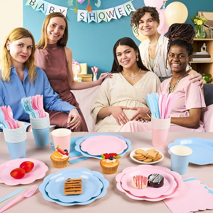400 Pcs Baby Gender Reveal Plates and Napkins Set Party Supplies, Tableware set for 50 Guest include Pink and Blue Scalloped Plates Napkins Knives Forks Spoons Cups for Baby Shower Gender Reveal Party