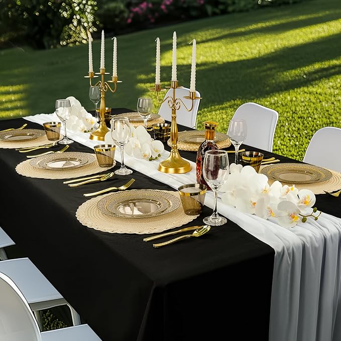 350PCS Clear Black Plastic Plates for 50 Guests, Disposable Dinnerware Set for Party and Graduation, Includes 100 Plastic Plates, 50 Pre Rolled Napkins with Gold Silverware, 50 Cups