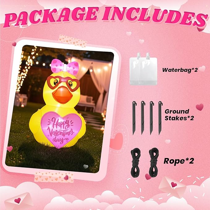 5FT Valentines Day Inflatables Duck with Heart Decoration, LED Blow Up Lighted Decor Indoor Outdoor Holiday Art Decor Romantic Gift for Anniversary Wedding Party