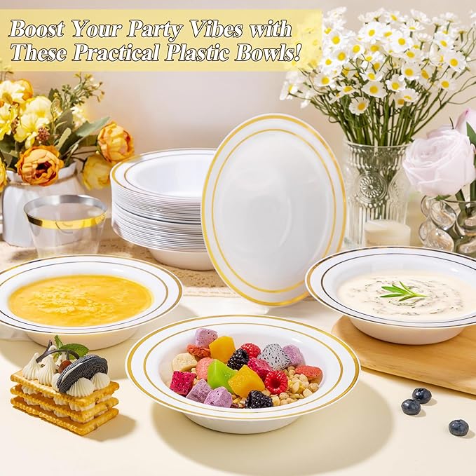 BESTSTAR 100 Pack Disposable Soup Bowls with Gold Rim, 12oz Premium Heavy Duty Plastic Dinner Bowls for Party, Wedding and Holiday