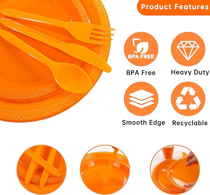MirthMood 350PCS Orange Plastic Plates,Orange Disposable Plates Set– Plastic Plates Set Includes 50 Dinner,50 Dessert Plate,50 Cup&50 Napkins, 50 Silverware for Wedding & Birthday Parties