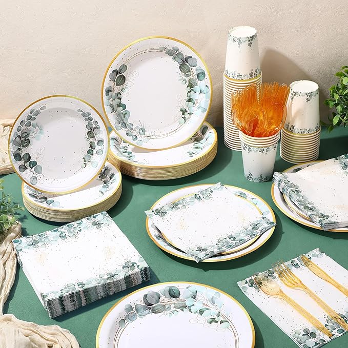 400 Pcs Sage Green Color Party Supplies Serve 50 Guests Eucalyptus Flowers Disposable Paper Plates Napkins and Cups for Bridal Baby Shower Birthday Wedding Party Decorations(Classic)
