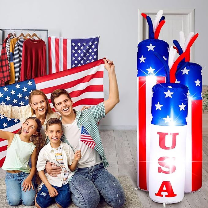 VIHOSE 4 ft 4th of July Inflatables Decoration 250th Birthday Patriotic Blow up Firecracker Independence Inflatable with Build-in LED for Party Indoor Outdoor Lawn Garden Decor