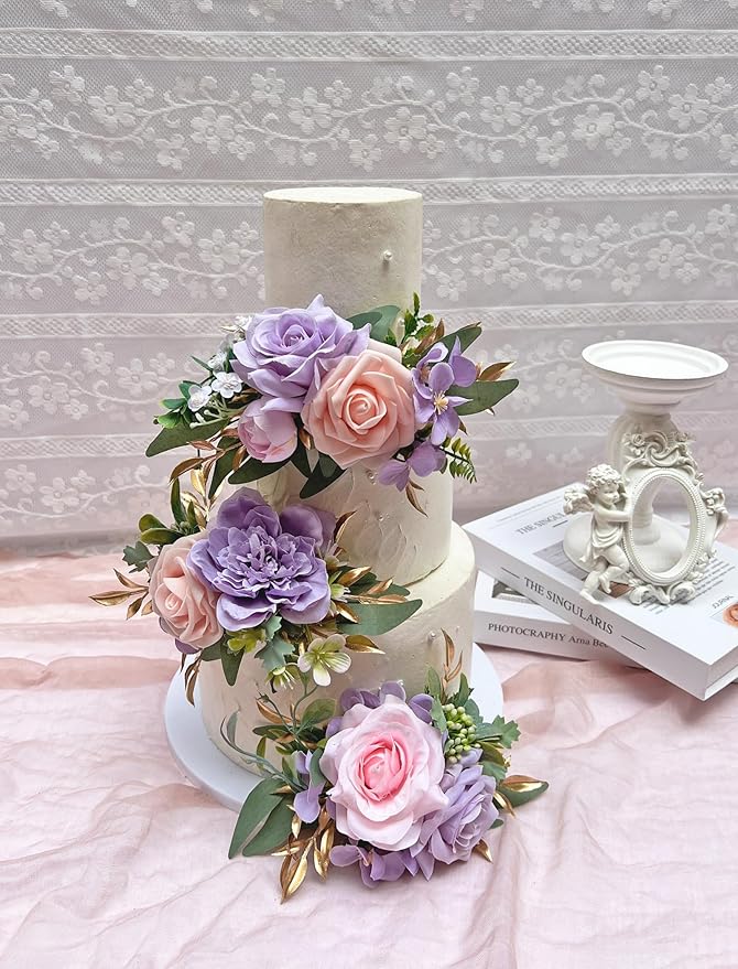 Marriwise 3Pcs Pre-made Cake Toppers Flowers, Pink and Purple Wedding Cake Decoration,Artificial Flowers Decor for Wedding Ceremony Anniversary,Birthday Party, Elegant and Dreamy Purple (Pink Purple)