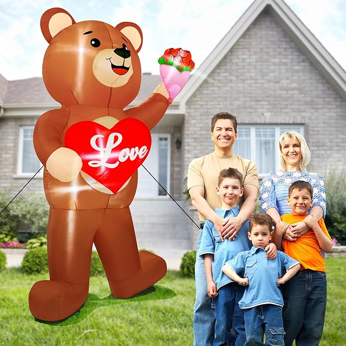 8 FT Valentines Day Inflatables Outdoor, Blow Up Bear Holding Love Heart and and Flowers, Romantic LED Lighted Valentine's Day Inflatables Decorations for Anniversary Wedding Proposal Party Lawn