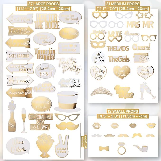 SOUL SHIFT 60PCs Fully Assembled Wedding Photo Booth Props - Prop Stand - Gold Signs - Elegant Wedding & Reception Party Supplies- Funny Wedding Props -Gold Foil Print â Bridal PhotoBooth