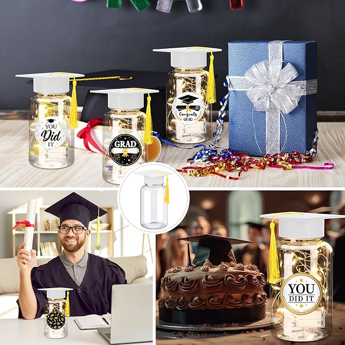 Boao 16 Sets Graduation Table Decoration Set with LED Light up Graduation Decorations for Class of 2026, Grad Jar, Felt Grad Hat and Stickers for High School College(White)