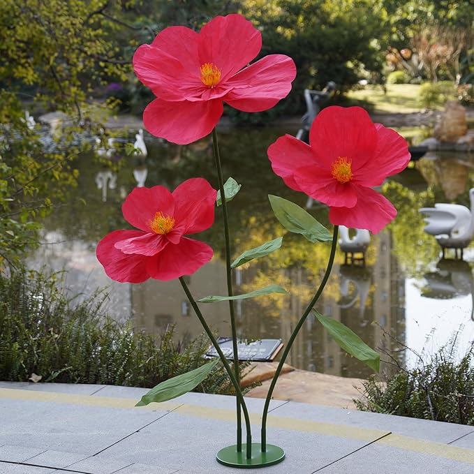 Large Paper Artificial Flowers,Giant Flowers for Decoration,Huge Handcrafted Poppy Fake Flowers with Stand for Home Decor Bridal Shower Party Outdoors Yard Event Backdrop Decor (red)