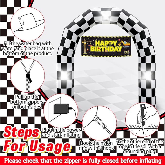 8FT Black and White Checkered Outdoor Race Car Inflatable Arch with Happy Birthday Banner, Blow Up Racing Party Decoration with Built-in 3 LED Lights for Race Car Themed Birthday Party Lawn Yard Decor