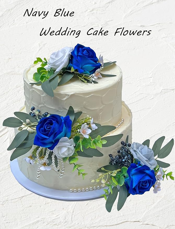 CherishedMoments 3Pcs Cake Topper Set, Wedding Artificial Flowers Decor Navy Blue Cake Topper Decorations for Wedding Ceremony Anniversary, Wedding Home Decor,Seaside Wedding