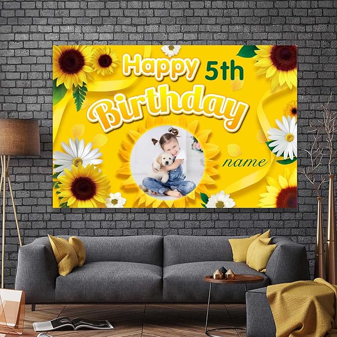 Custom Sunflower Happy Birthday Party Decorations Supplies Personalized Sunflower Birthday Backdrop Banner(5x7.5ft)