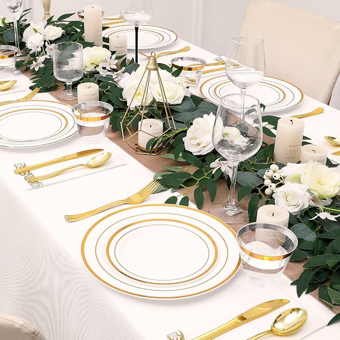 350-Piece Gold Rim Plastic Dinnerware Set for 50 Guests, Elegant Disposable Dinnerware for Party, Wedding. Includes Dinner Plates, Dessert Plates, Gold Silverware, Napkins, Cups