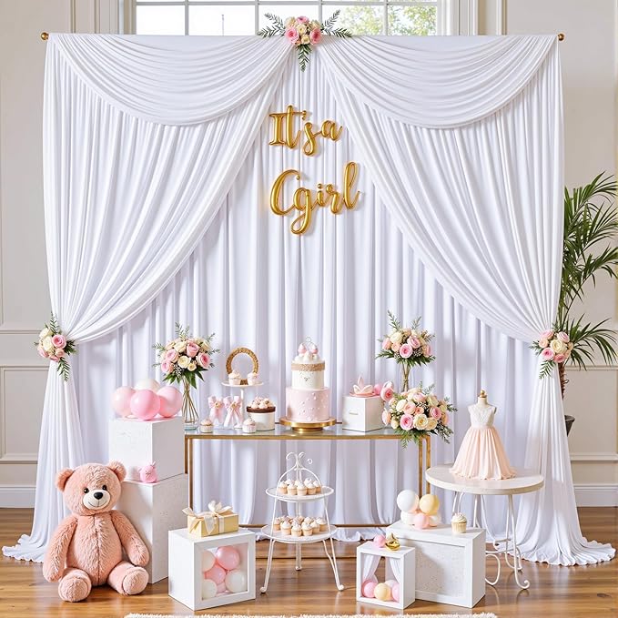 gogoparti 20x12ft White Backdrop Curtain for Wedding Parties, 4 Panels (5x12 ft Each) Wrinkle-Free Dackdrop Curtains, Silky Draping Fabric for Birthday Party, Baby Shower, Photo Background