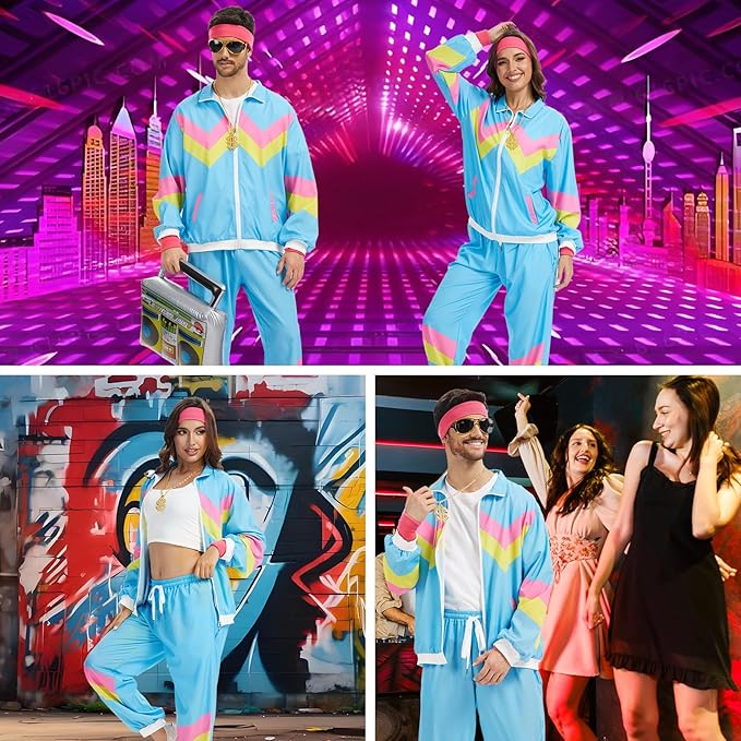 80s Outfit for Men Women-One Set 80s 90s Costumes with Accessories-Couples Track Suits for Halloween Carnival Party