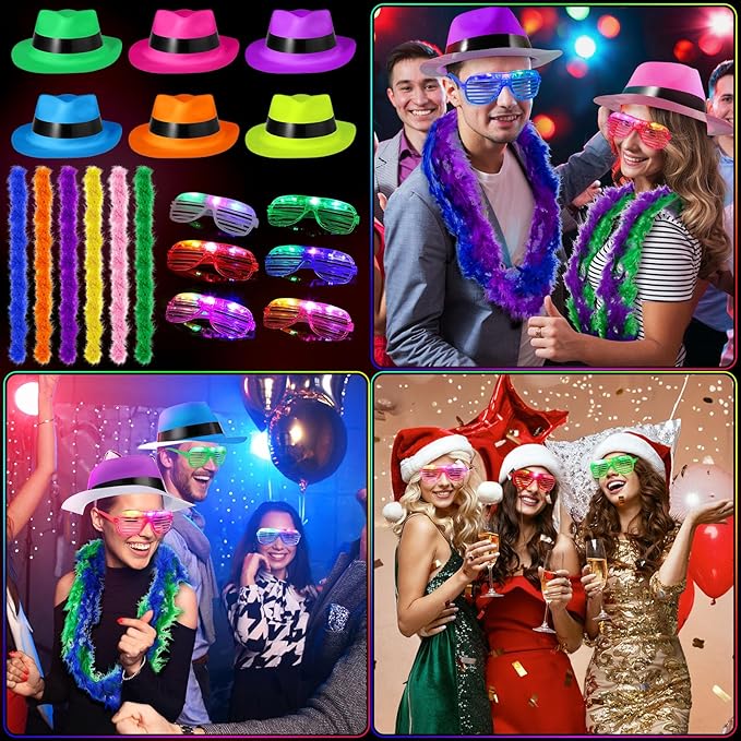 54 Pieces Neon Party Supplies Glow in The Dark Parties Supplies 18 Pcs Neon Gangster Party Hats 18 Pcs Light up Glasses with Colorful Feather Boas for Mardi Gras Carnival Hora Loca 80's Raves