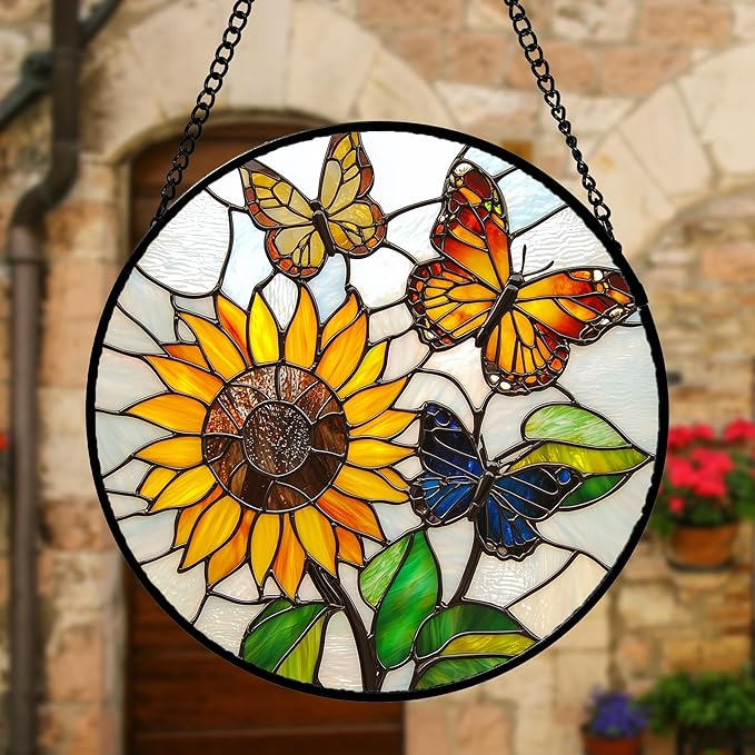 Stained Glass Window Hanging, Butterfly and Sunflowers Sun Catchers Glass Panel Plant Insects Suncatcher Decor for Birthday for Women, Men, Wife, Aunt, and Mom 9.8 in