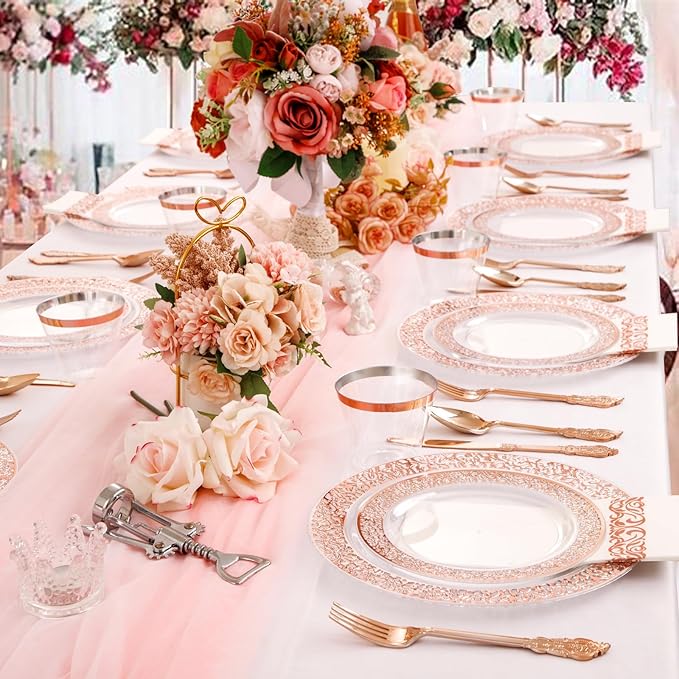 I00000 50 Guests Clear Rose Gold Plastic Plates - Disposable Dinnerware Set Includes: 100 Clear Rose Gold Plastic Plates, 150 Silverware, 50 Napkins, 50 Cups Perfect for Valentine's Day & Wedding