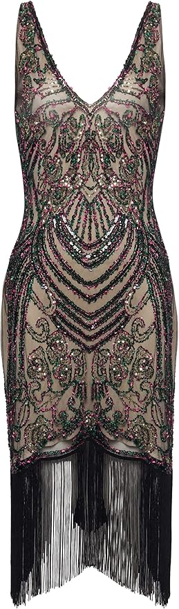BABEYOND Flapper Dresses 1920s V Neck Beaded Fringed Great Gatsby Dress