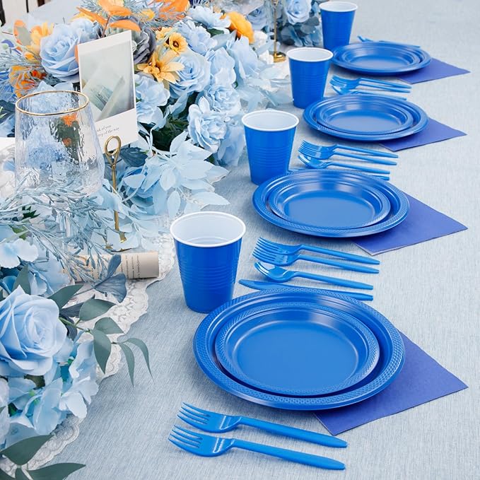 MirthMood 350 Pieces Blue Party Supplies, Disposable Dinnerware Set, Including Blue Plastic Plates and Napkins, Plastic Cutlery and 12OZ Cups